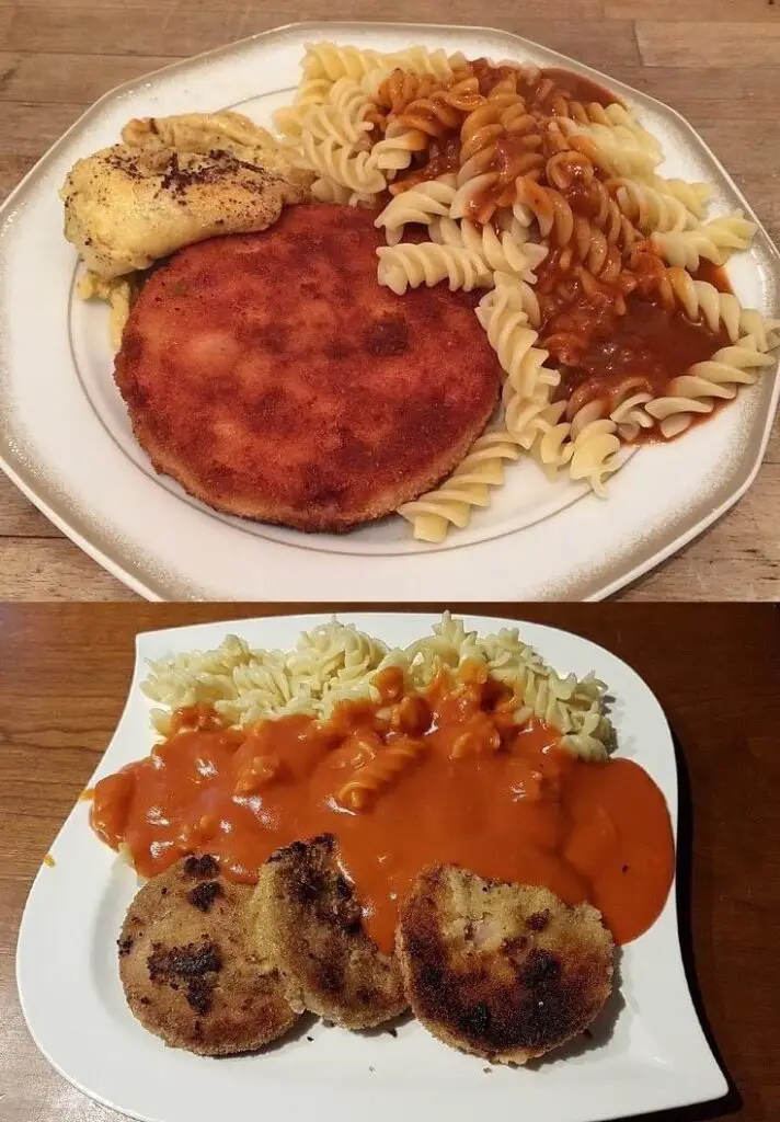 Maccheroni della DDR con salsa di pomodoro e Jägerschnitzel