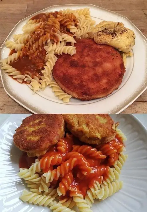 Maccheroni DDR con salsa di pomodoro e Jägerschnitzel