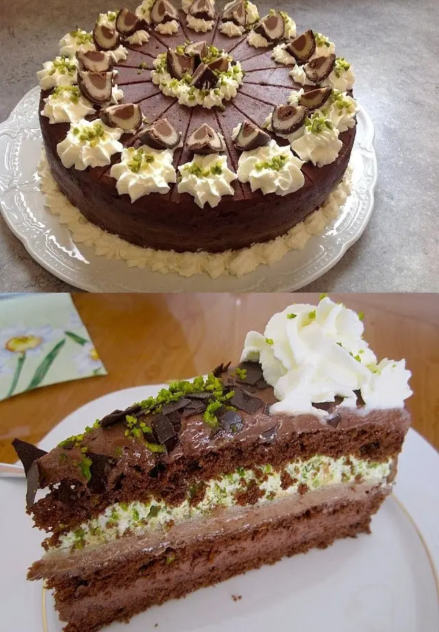 Torta Mozart con ripieno di torrone al cioccolato, crema al pistacchio e marzapane