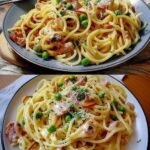 Spaghetti alla panna in salsa di formaggio con prosciutto e piselli