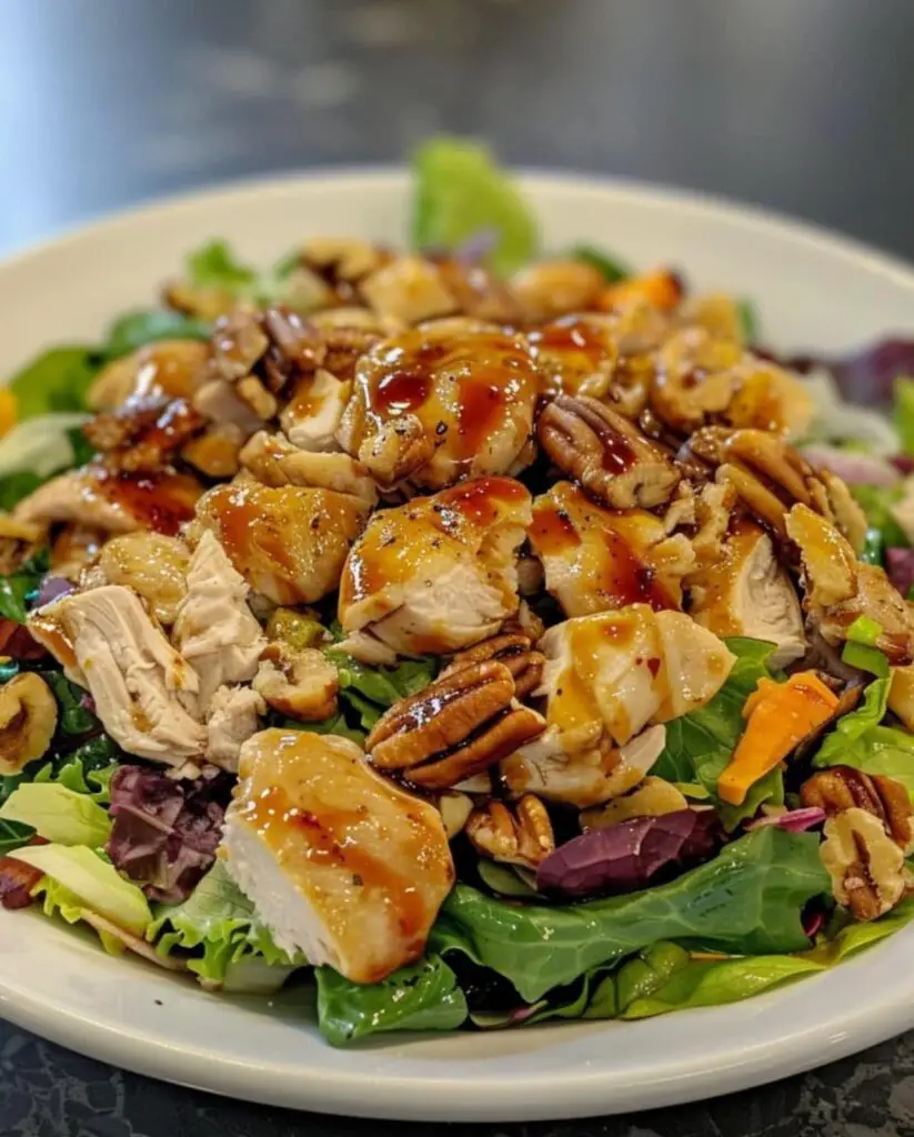 Insalata di pollo con mirtilli, noci pecan e salsa al papavero