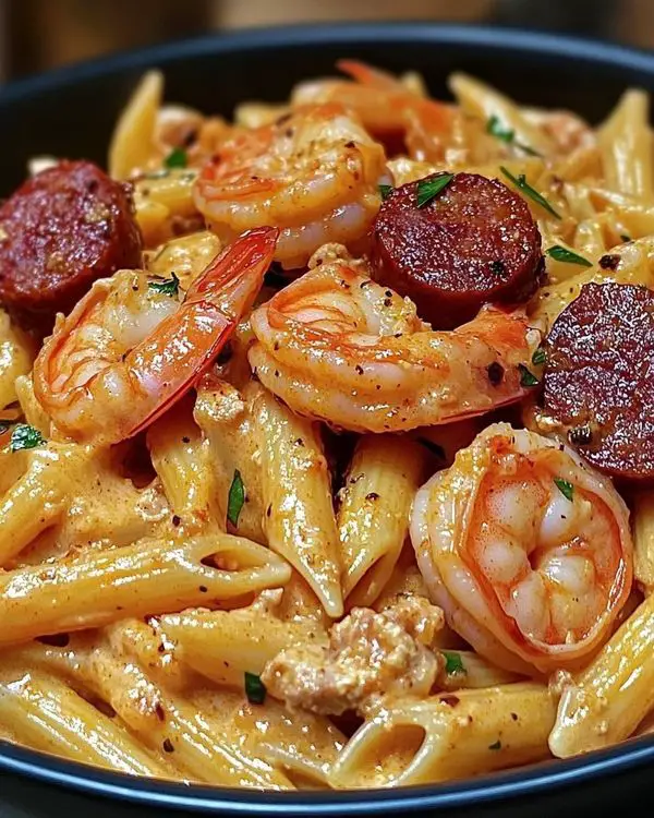 Pasta cremosa Cajun con gamberi succulenti e salsiccia piccante