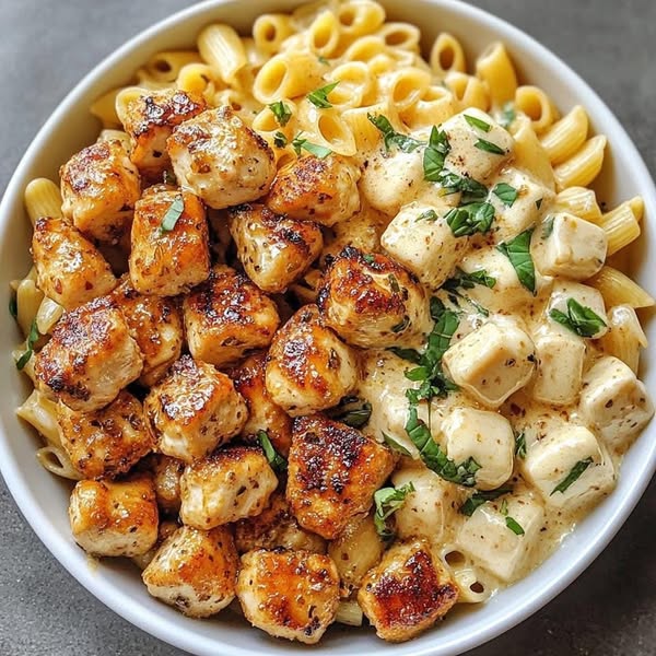 Bocconcini di pollo al burro d’aglio con pasta al parmigiano