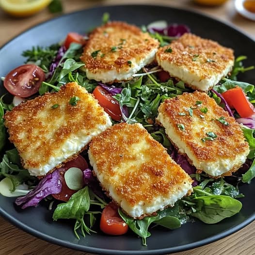 Cotoletta di feta impanata su insalata colorata 🧀🥗