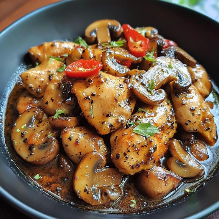 Pollo con pepe nero e funghi