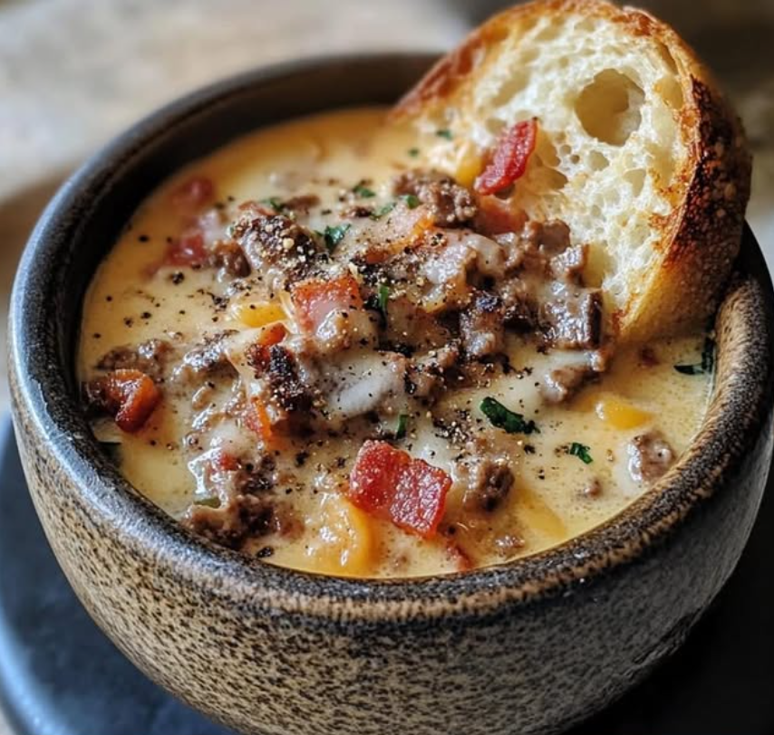 Zuppa di philly cheesesteak in una sola pentola con pancetta e toast al formaggio 🥣🥓🧀