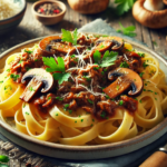 Tagliatelle a nastro con carne macinata e funghi