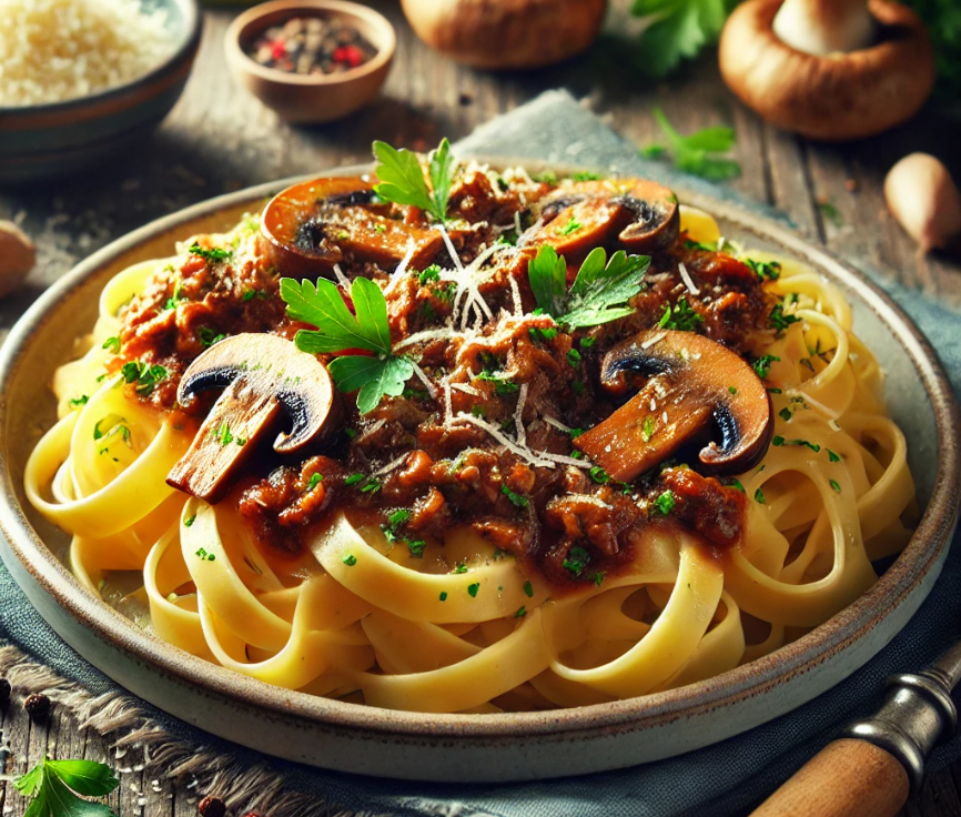 Tagliatelle a nastro con carne macinata e funghi