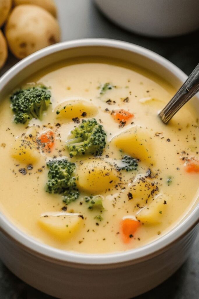 Zuppa di broccoli e patate con formaggio cotta in 20 minuti