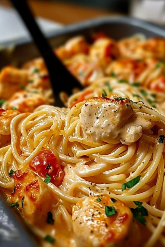 Spaghetti con pollo in salsa di parmigiano e aglio