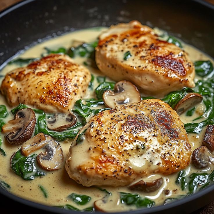 Fettine di pollo con spinaci e funghi in salsa d’aglio