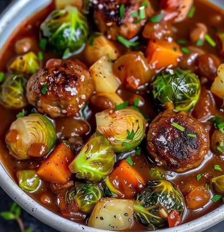 Stufato di polpette di cavoletti di Bruxelles sano e sostanzioso