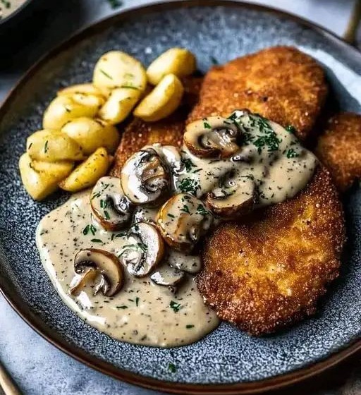 Cotoletta con salsa alla cacciatora e patatine fritte