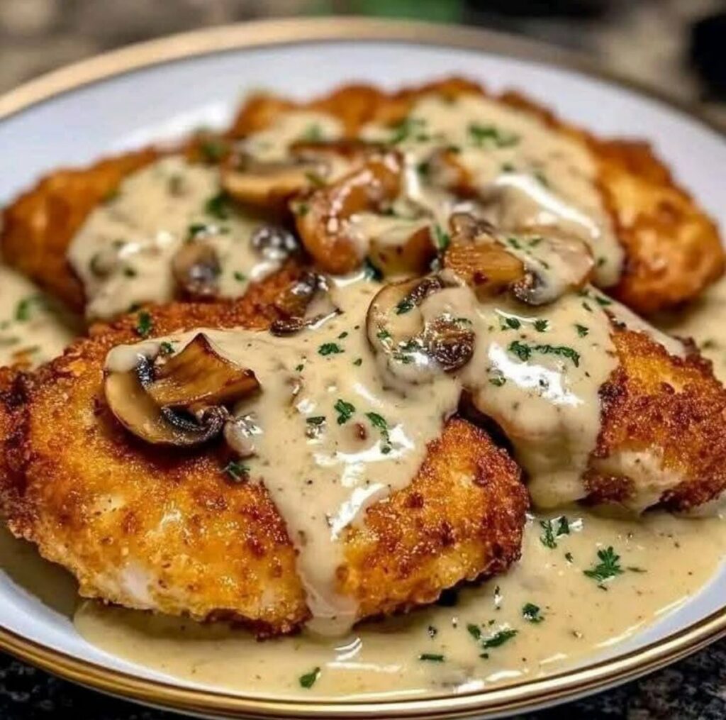 Pollo croccante e dorato con vellutata salsa di funghi al parmigiano