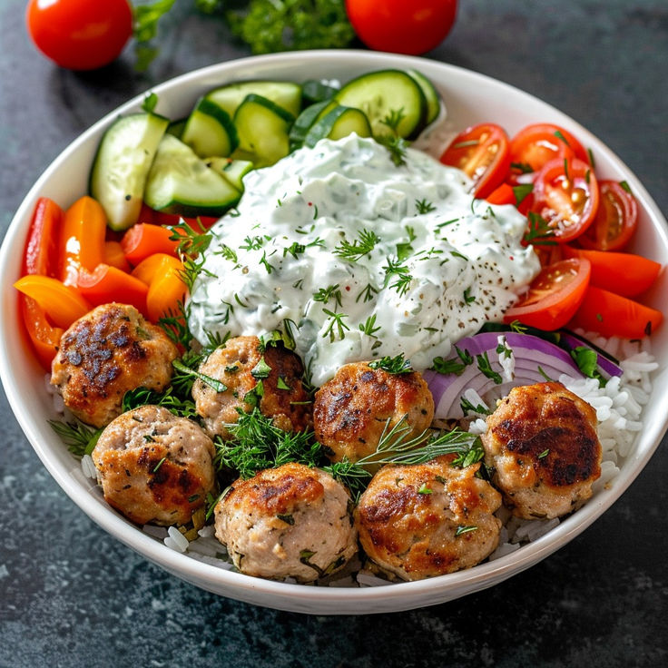 Ciotola di pollo greco con tzatziki