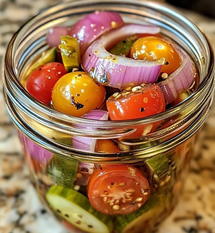 Pomodori ciliegini, cipolle rosse e cetrioli in salamoia