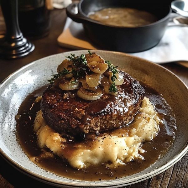 Costata di manzo con cipolle caramellate e purè di patate