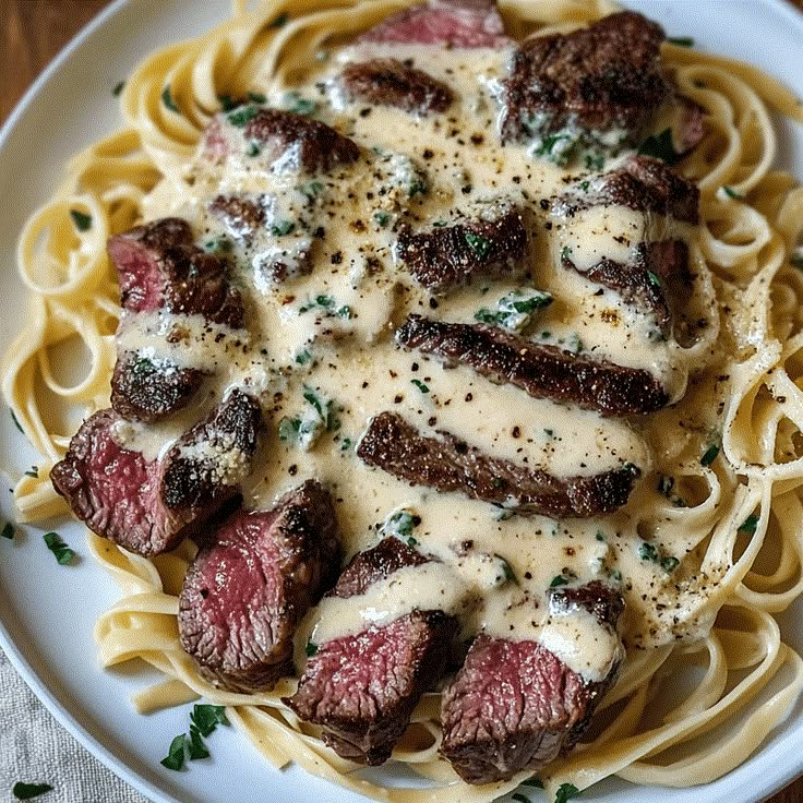 Bocconcini di bistecca e fettuccine in salsa di burro all’aglio