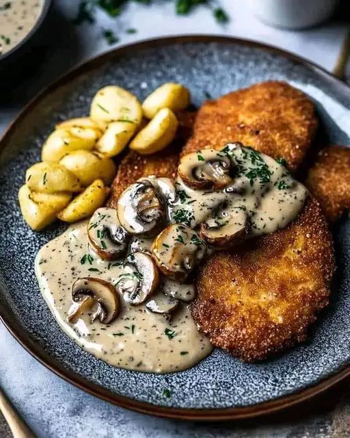 Cotoletta alla cacciatora con salsa alla cacciatora, patatine fritte e funghi