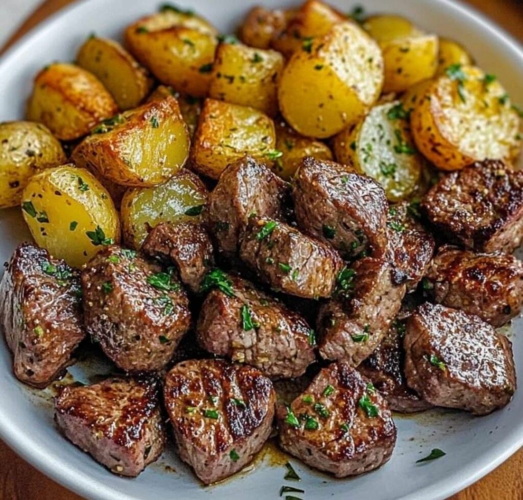 Bocconcini di bistecca e patate al burro d’aglio con friggitrice ad aria