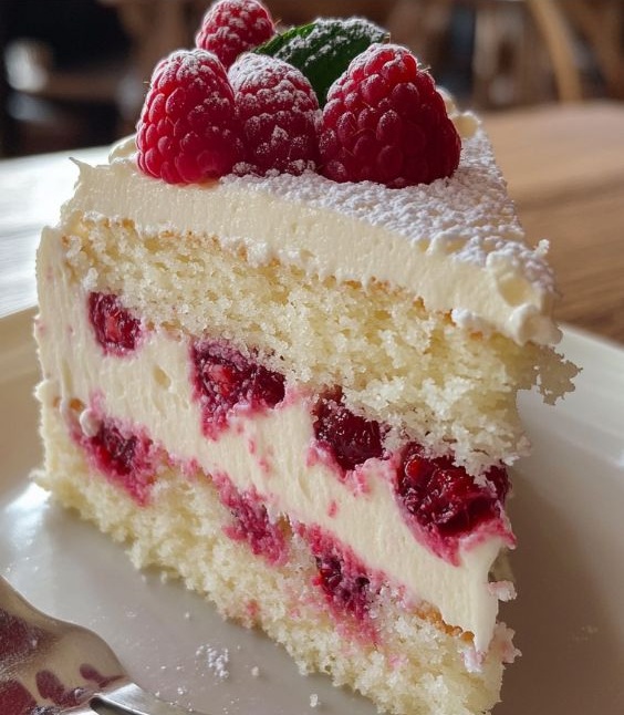 Torta al cioccolato bianco e mandorle e lamponi